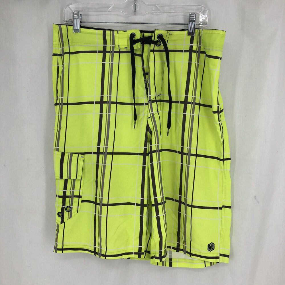 Buckle BKE Sport Slim Fit Swim Trunks Neon Yellow Plaid Shorts 32
